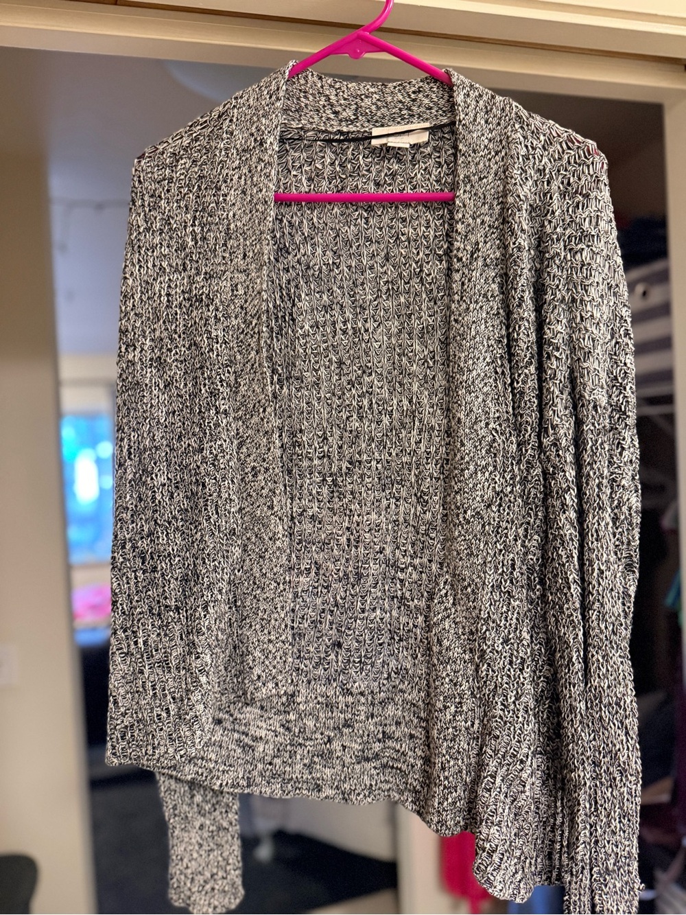 LOFT Black & White Marled Open-Front Cardigan